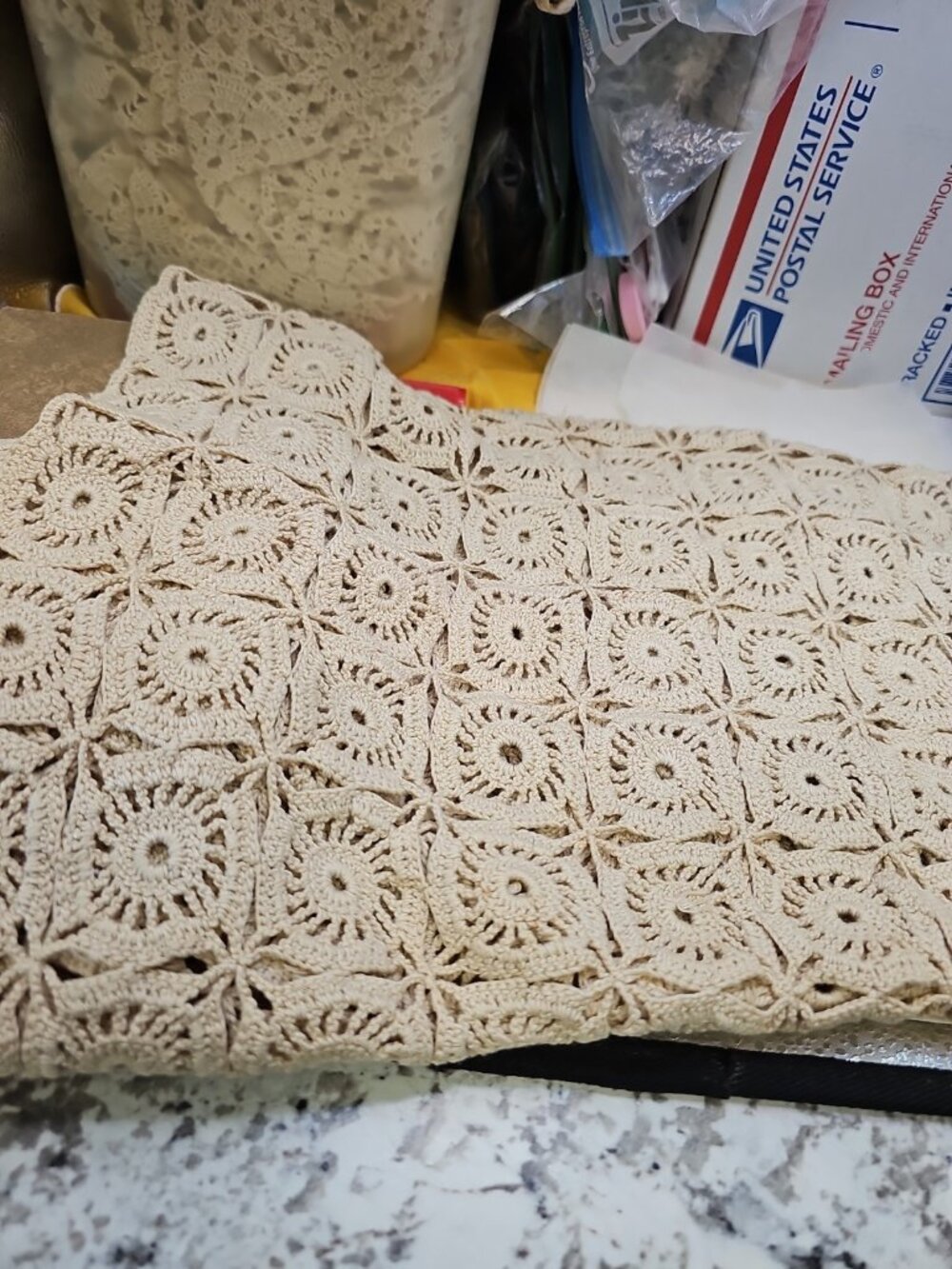 Crocheted Tablecloth Cream Color Medallions Cottage Style Cotton Textile 40"